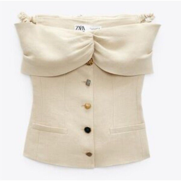Zara Off Shoulder Viral Linen Blend Top Blazer Funky Buttons US S Beige - Picture 1 of 8